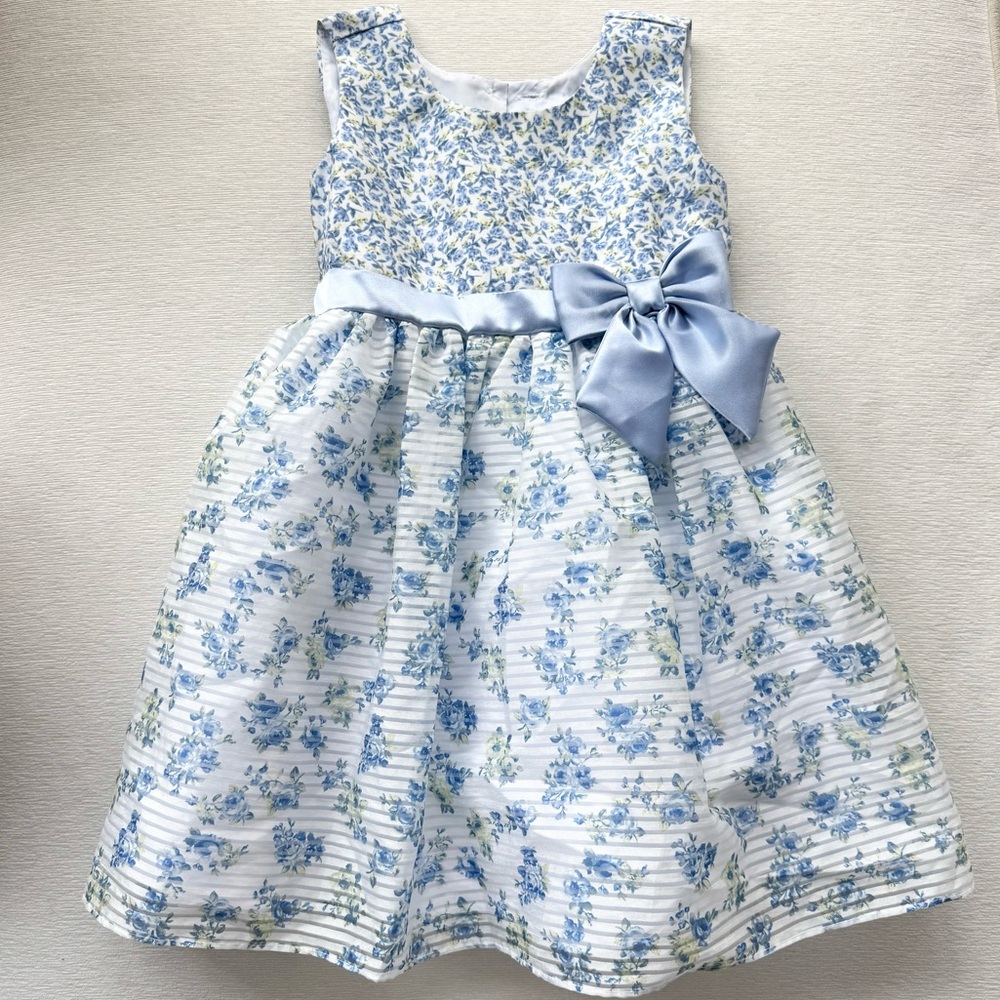Jona Michelle Blue Floral Kids Dress with Satin Bow
